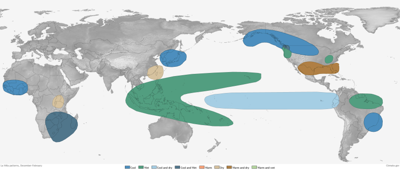 Expected La Nina wintertime impacts. Blue indicates cooler-than-average conditions, while green indicates wetter-than-average conditions. Image: NOAA